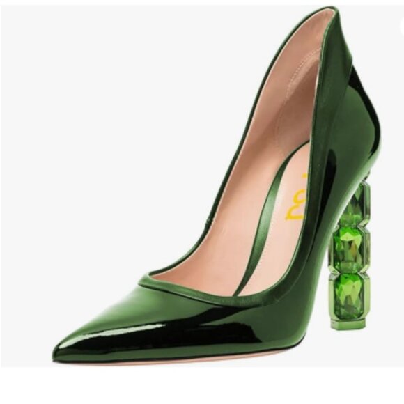 FSJ Green Pointed Toe Slip On Crystal Gorgeous Three Diamonds High Heel Pumps - Picture 1 of 8
